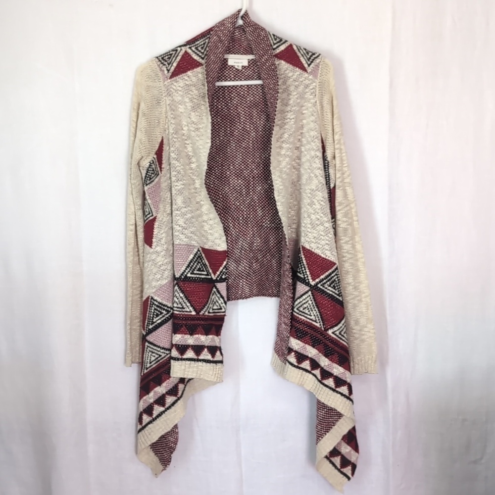 Debut Cream Red Black Aztec Open Front Waterfall Cardigan Size Small Medium